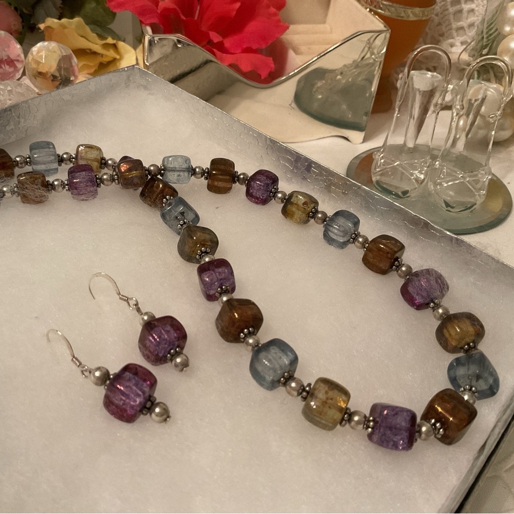 Vtg. 925 STERLING EARTHY TONE 10mm CUBE CRYSTAL NECKLACE W/MATCHING EARRINGS